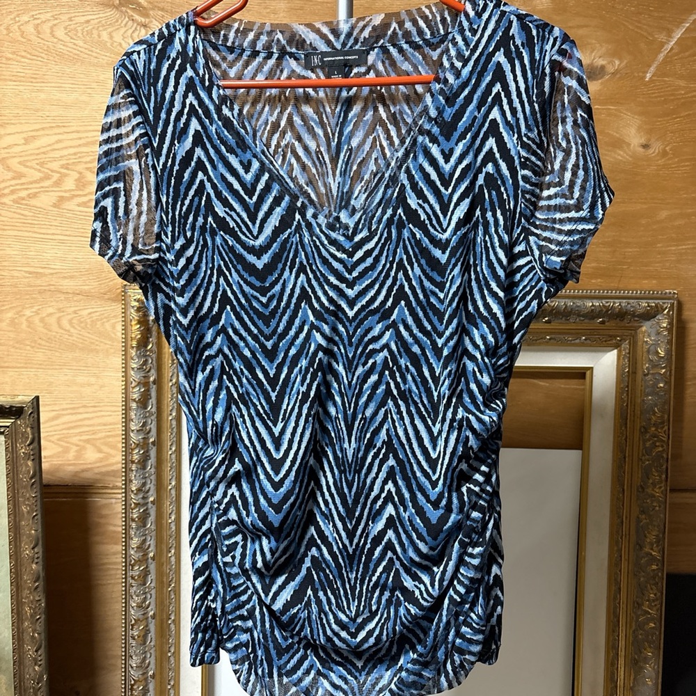 INC International Concepts Blue and Black Chevron Blouse
